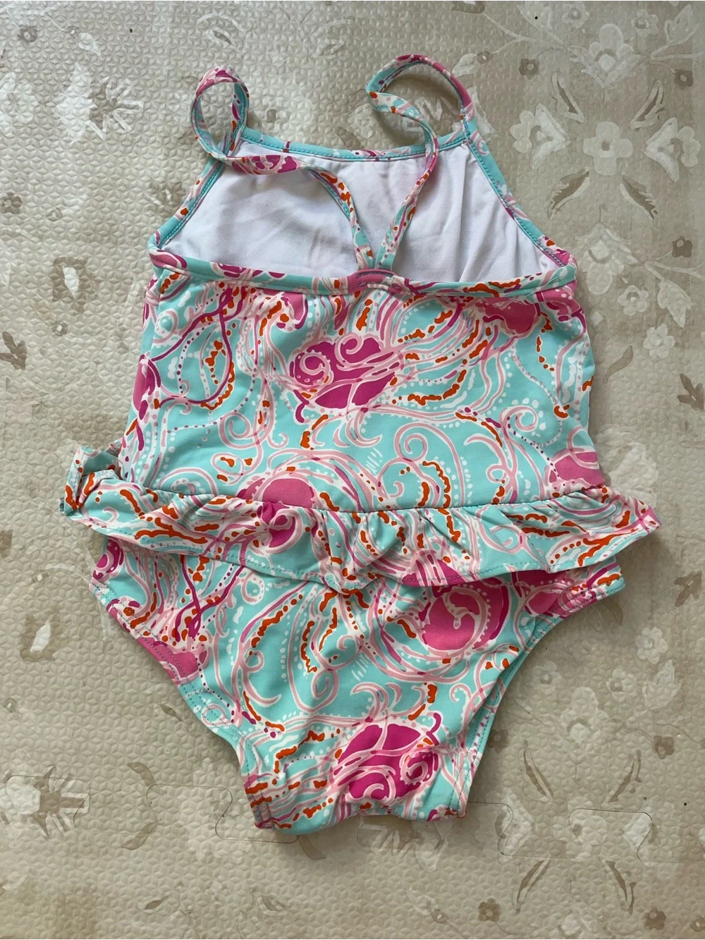 Lilly Pulitzer Girls' Aqua Pink Swirl Ruffle One-Piece Swimsuit